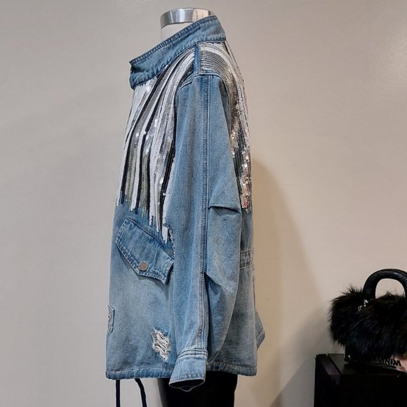 ๐ฅVTG 70s HIPPIE STYLE๐ฅ Distressed Sequinned Denim Anorak Jacket - Picture 7 of 16